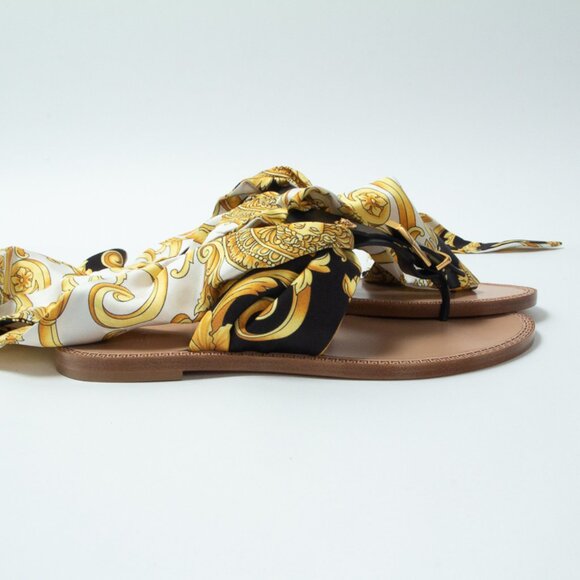 NIB Versace Medusa Ankle Wrap Silk Sash Barocco Sandals Flats Black & Gold, 37 - Picture 10 of 16